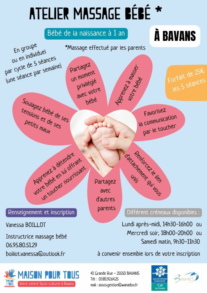 Affiche Massage Bébé organisé par le Centre Social Maison Pour Tous de Bavans (https://cs-mptbavans.fr)